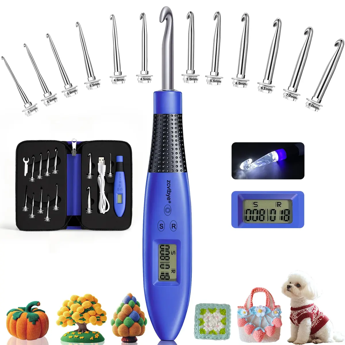 Zcvtbye Light Up Crochet Hooks Set, 24 Sizes with Light & Digital Counter | Ergonomic & Rechargeable - main product image