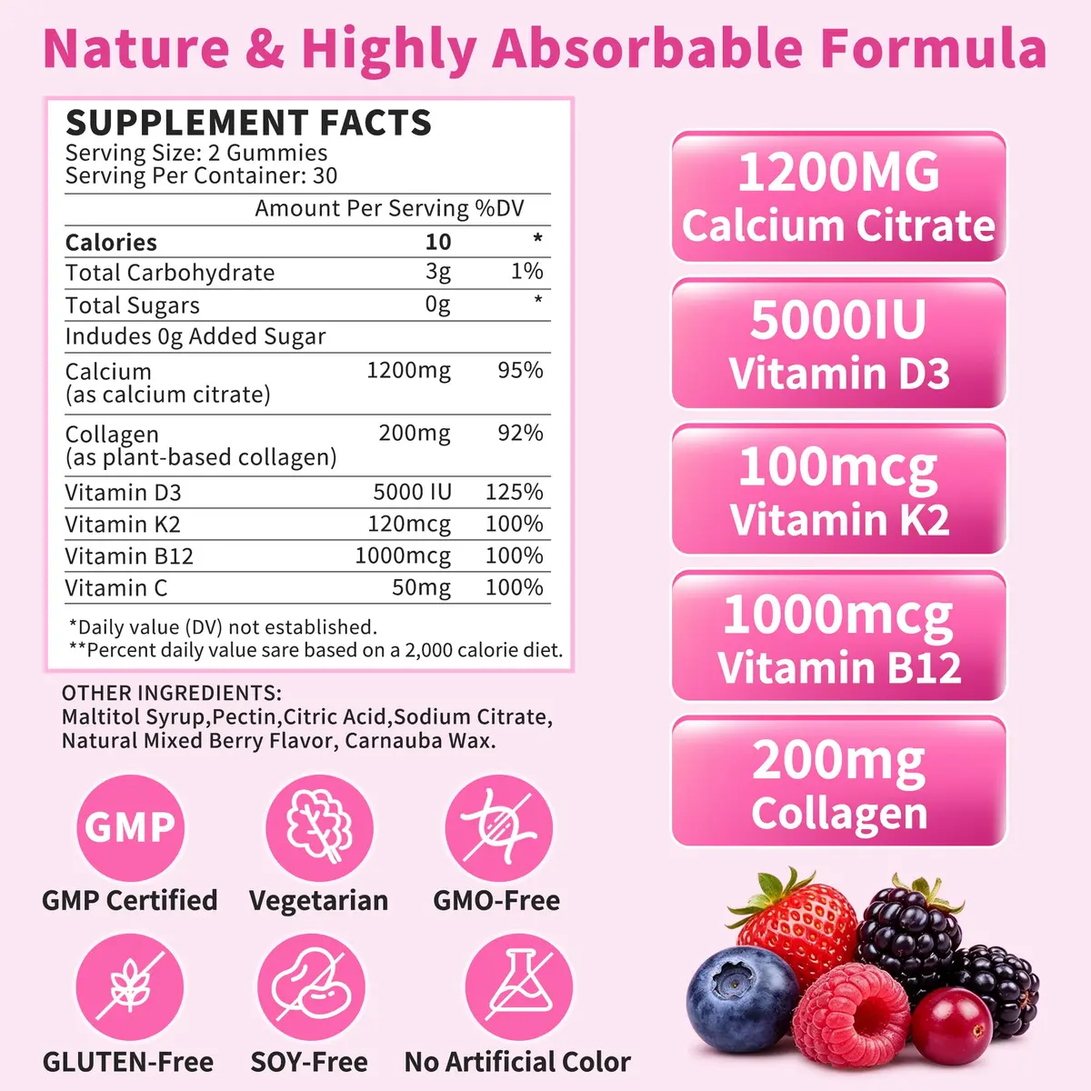 Hudetex Calcium Citrate 1200 mg Gummies with Collagen, Vitamin C D3 K2 B12 | Bone & Wellness Support - view 6