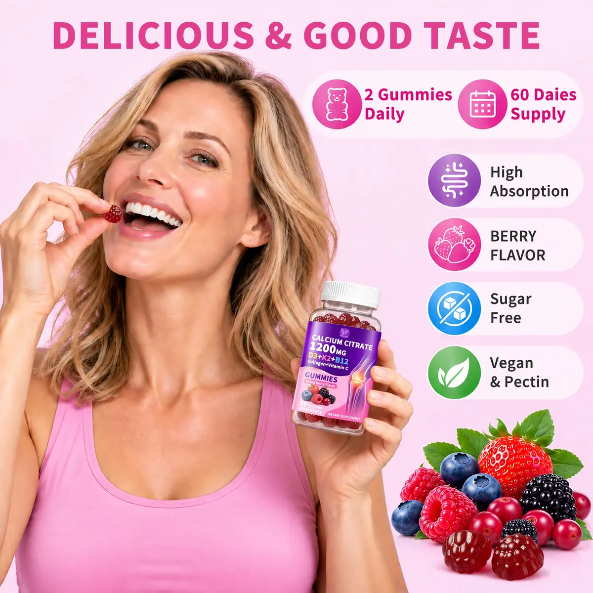Hudetex Calcium Citrate 1200 mg Gummies with Collagen, Vitamin C D3 K2 B12 | Bone & Wellness Support - view 7