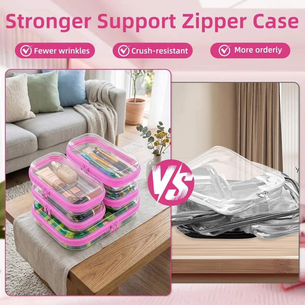 CarryEpic Clear Hard Shell Zipper Cases (5 Packs) | 4 Small, 1 Medium, Pink - view 4