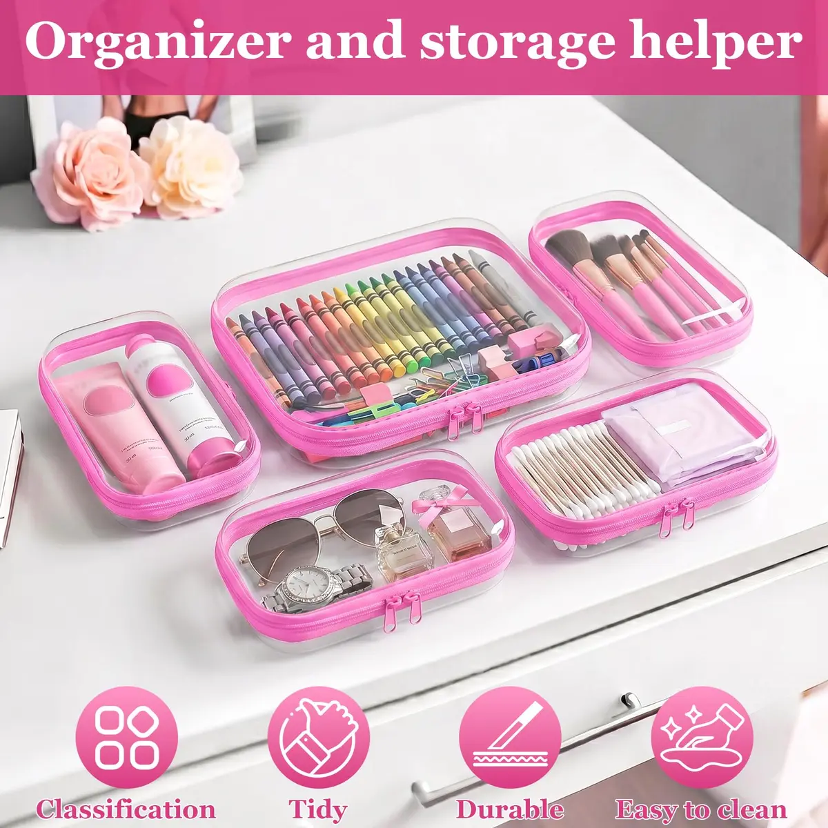 CarryEpic Clear Hard Shell Zipper Cases (5 Packs) | 4 Small, 1 Medium, Pink - view 5