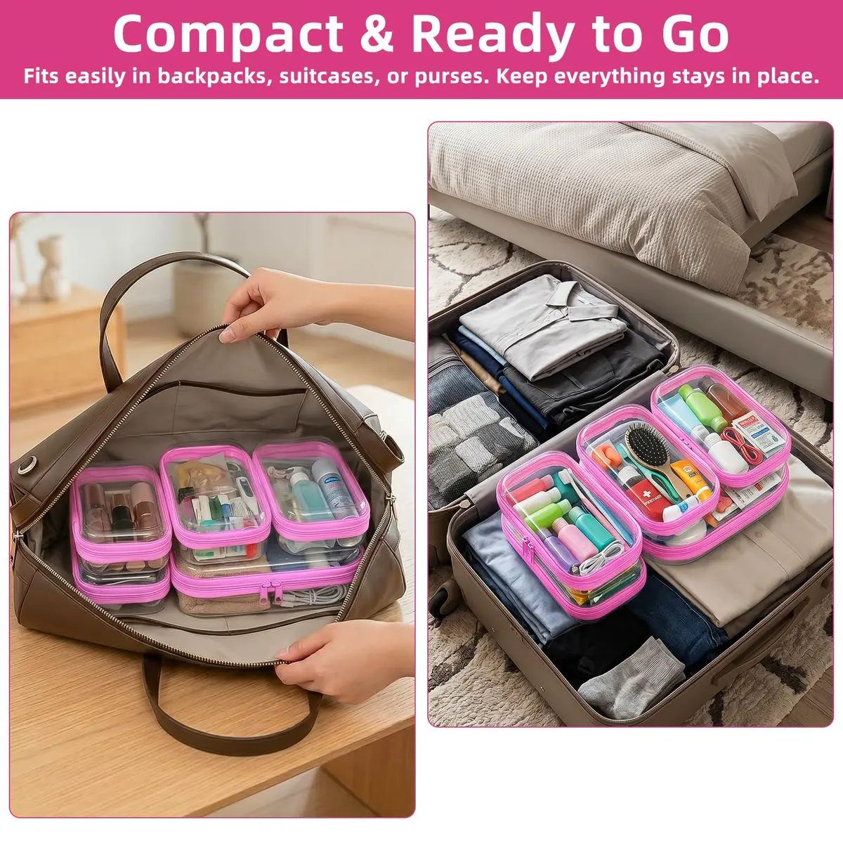 CarryEpic Clear Hard Shell Zipper Cases (5 Packs) | 4 Small, 1 Medium, Pink - view 6