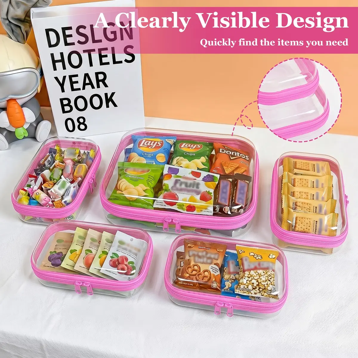CarryEpic Clear Hard Shell Zipper Cases (5 Packs) | 4 Small, 1 Medium, Pink - view 7