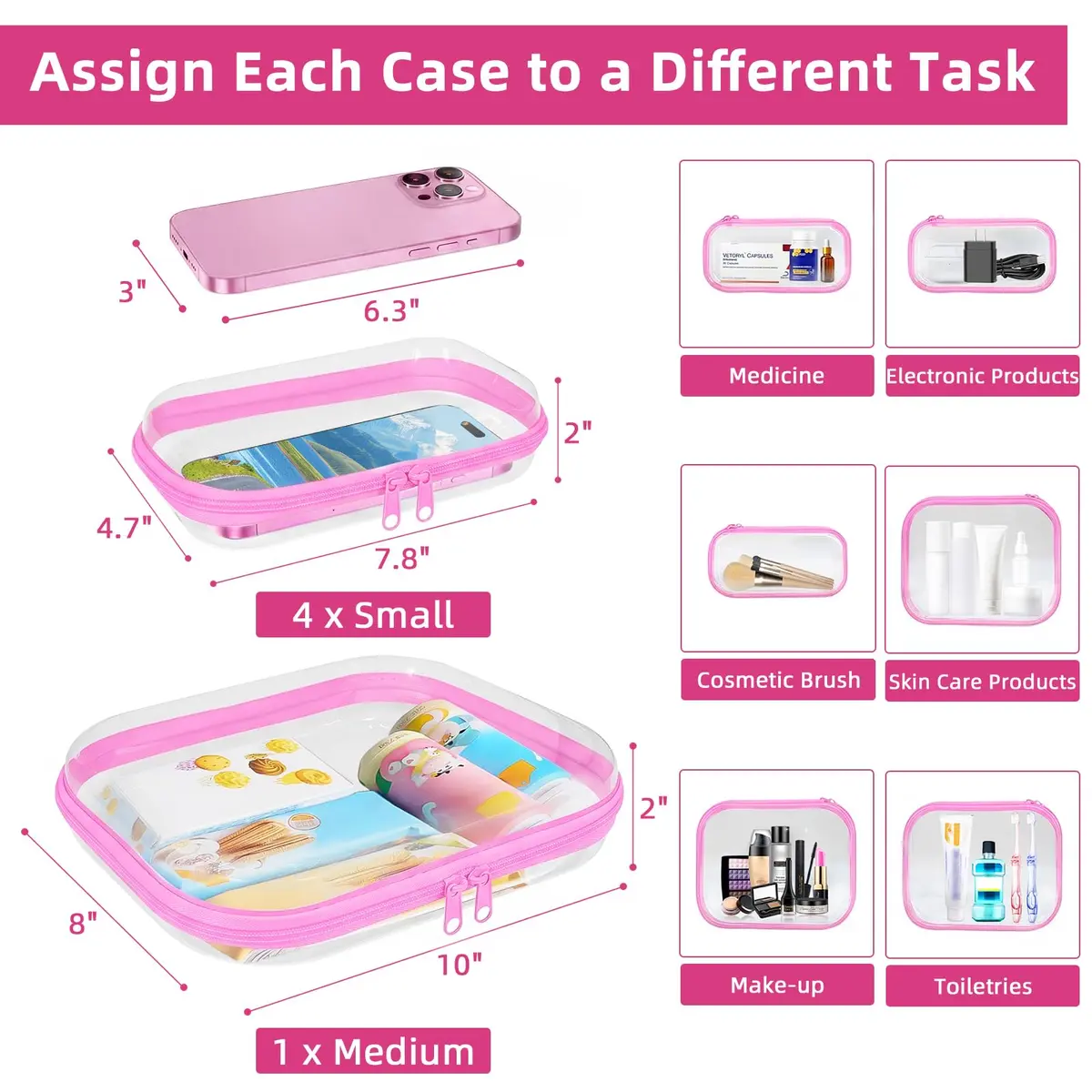 CarryEpic Clear Hard Shell Zipper Cases (5 Packs) | 4 Small, 1 Medium, Pink - view 2