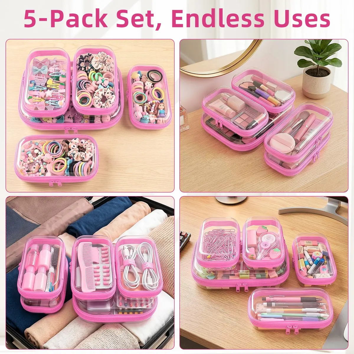 CarryEpic Clear Hard Shell Zipper Cases (5 Packs) | 4 Small, 1 Medium, Pink - view 3
