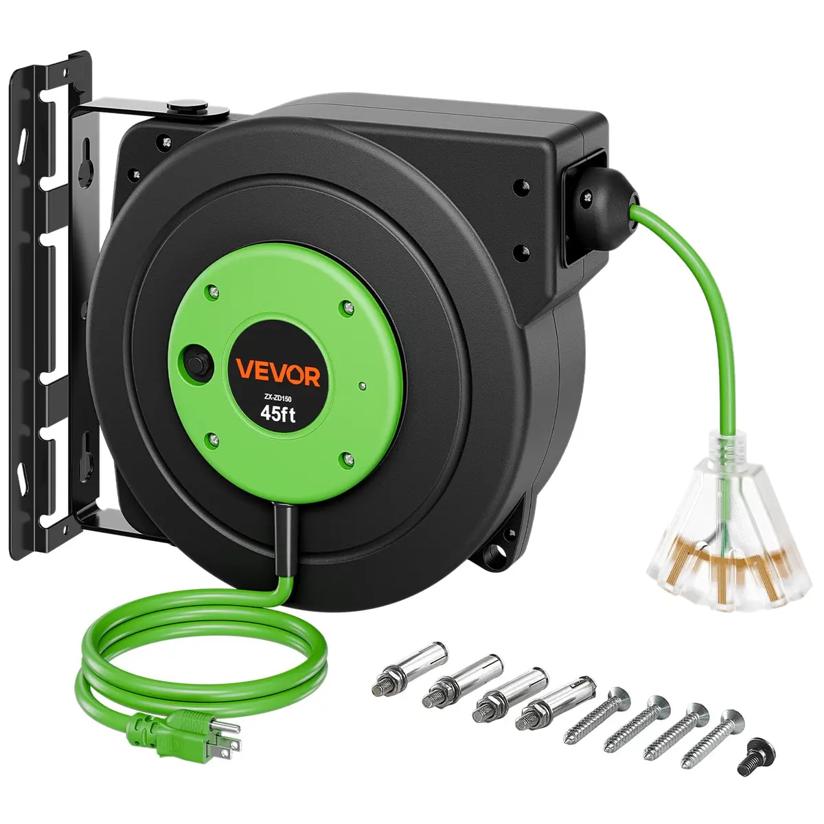 VEVOR Retractable Extension Cord Reel 45FT (13.7m) Heavy Duty 12AWG/3C SJTOW Green | Mountable Power Cord Reel for Garages & Workshops - main product image