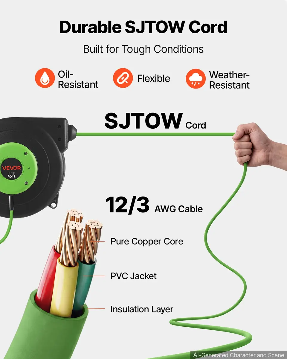 VEVOR Retractable Extension Cord Reel 45FT (13.7m) Heavy Duty 12AWG/3C SJTOW Green | Mountable Power Cord Reel for Garages & Workshops - view 5