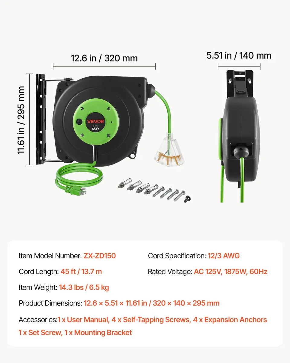 VEVOR Retractable Extension Cord Reel 45FT (13.7m) Heavy Duty 12AWG/3C SJTOW Green | Mountable Power Cord Reel for Garages & Workshops - view 7