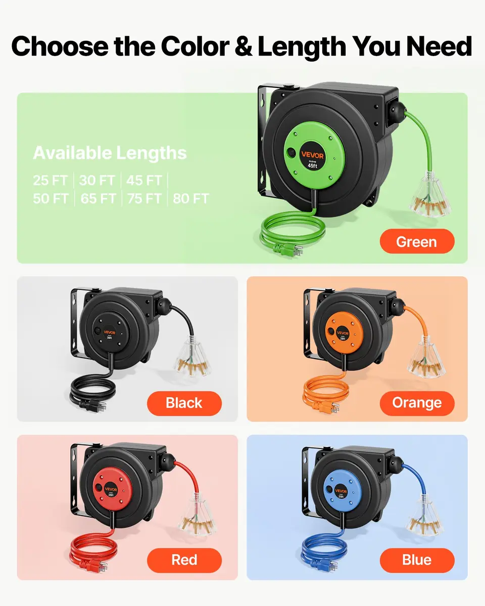 VEVOR Retractable Extension Cord Reel 45FT (13.7m) Heavy Duty 12AWG/3C SJTOW Green | Mountable Power Cord Reel for Garages & Workshops - view 8