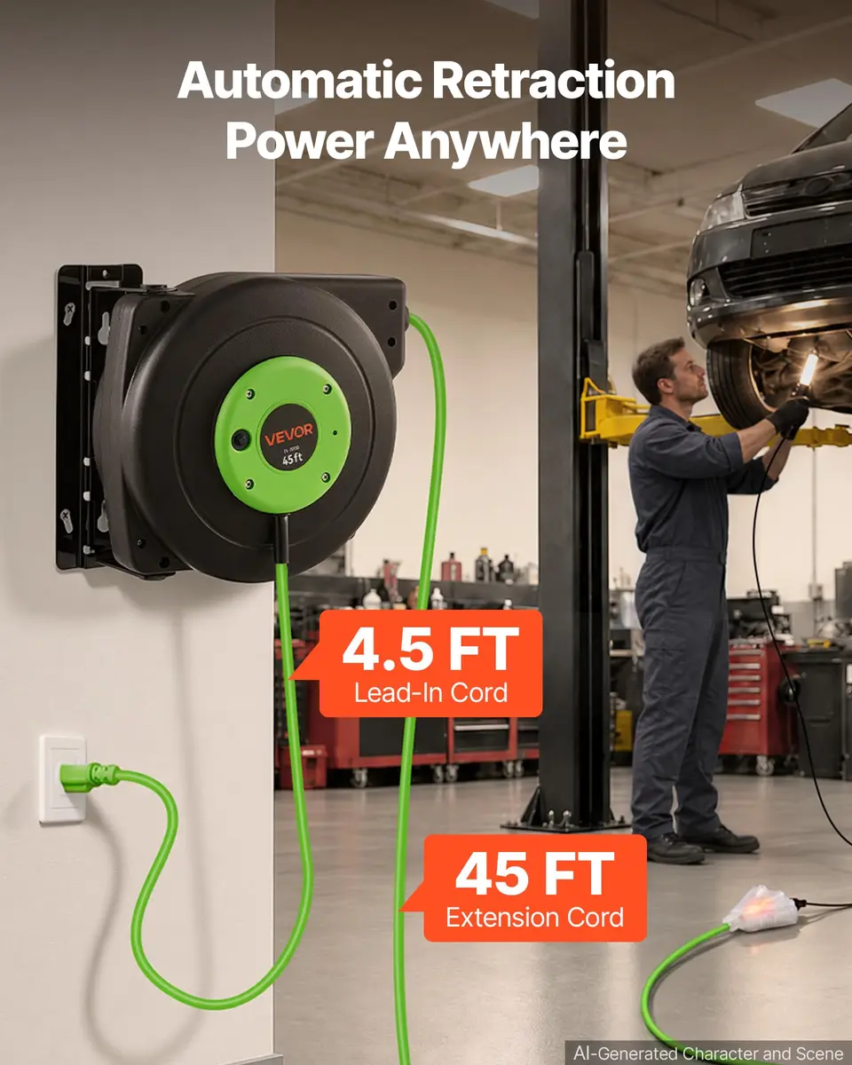 VEVOR Retractable Extension Cord Reel 45FT (13.7m) Heavy Duty 12AWG/3C SJTOW Green | Mountable Power Cord Reel for Garages & Workshops - view 2