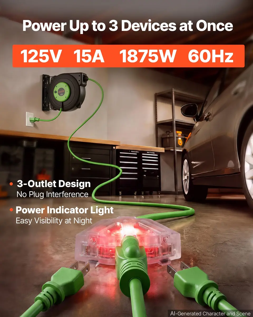 VEVOR Retractable Extension Cord Reel 45FT (13.7m) Heavy Duty 12AWG/3C SJTOW Green | Mountable Power Cord Reel for Garages & Workshops - view 3