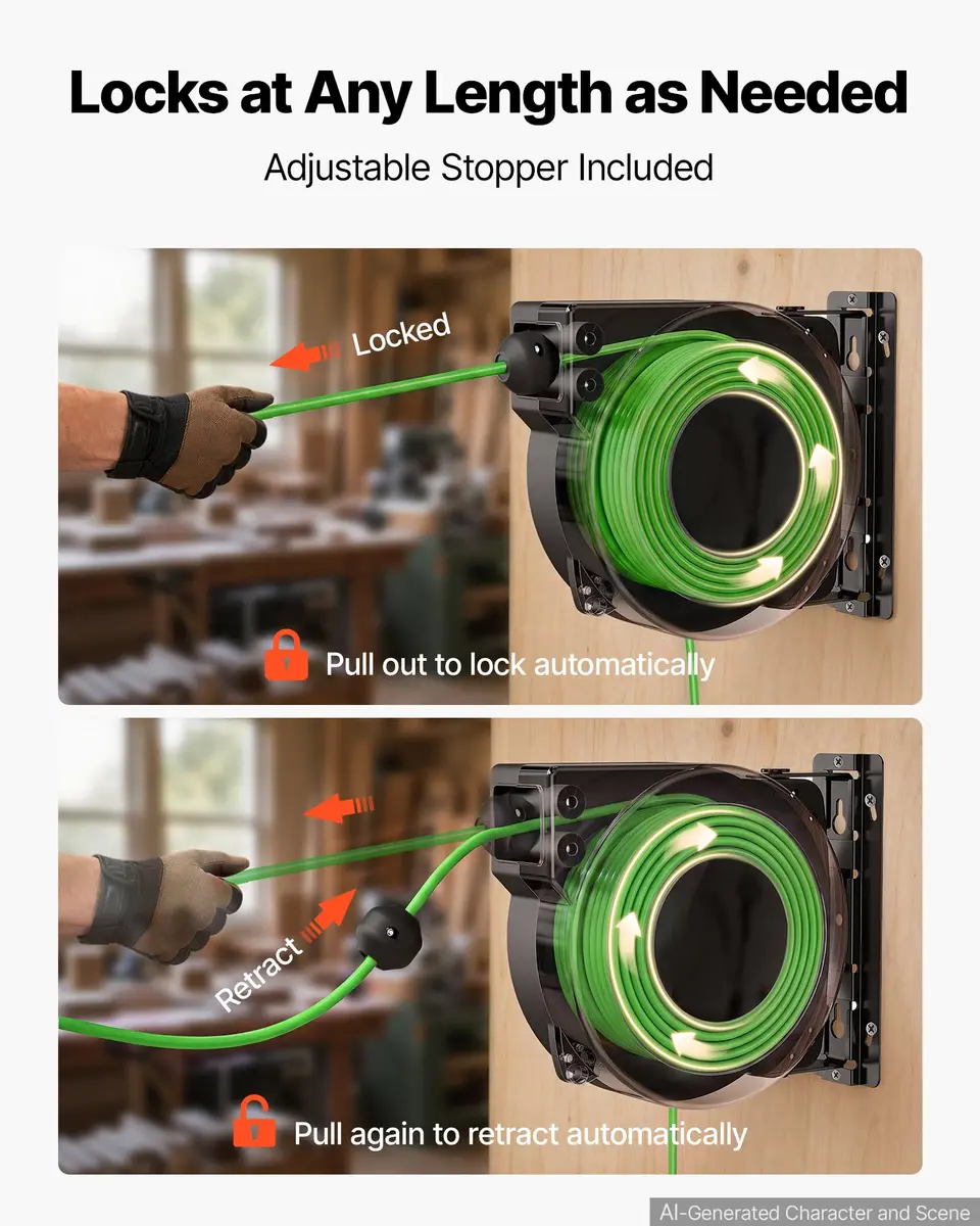 VEVOR Retractable Extension Cord Reel 45FT (13.7m) Heavy Duty 12AWG/3C SJTOW Green | Mountable Power Cord Reel for Garages & Workshops - view 4