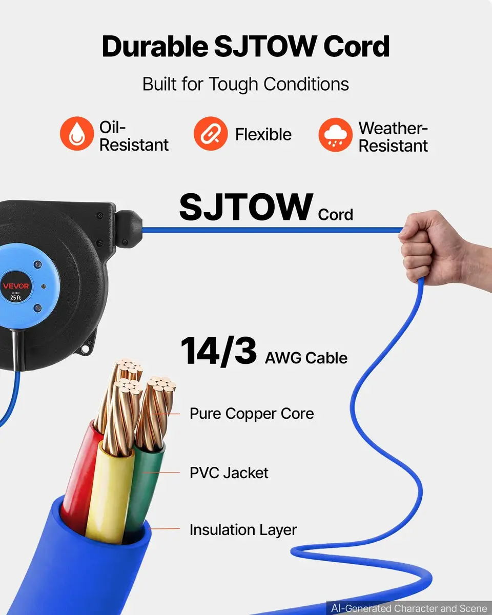 VEVOR Retractable Extension Cord Reel 25FT Heavy Duty 14AWG/3C SJTOW Blue | Durable Wall Mount Power Reel with 25 ft Cord - view 5