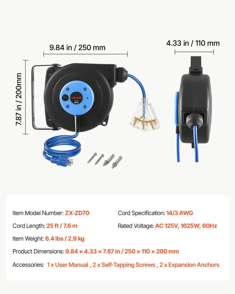 VEVOR Retractable Extension Cord Reel 25FT Heavy Duty 14AWG/3C SJTOW Blue | Durable Wall Mount Power Reel with 25 ft Cord - view 7