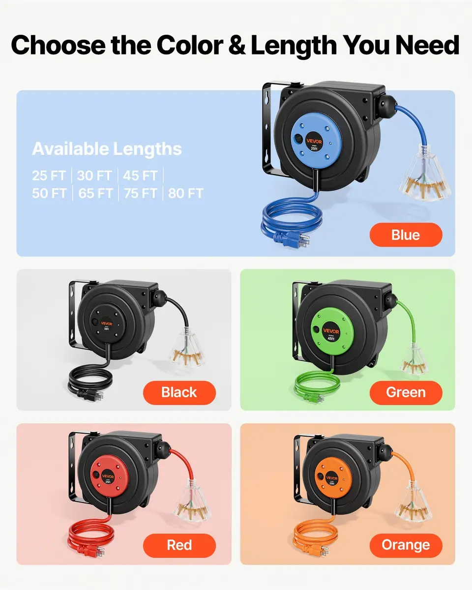 VEVOR Retractable Extension Cord Reel 25FT Heavy Duty 14AWG/3C SJTOW Blue | Durable Wall Mount Power Reel with 25 ft Cord - view 8