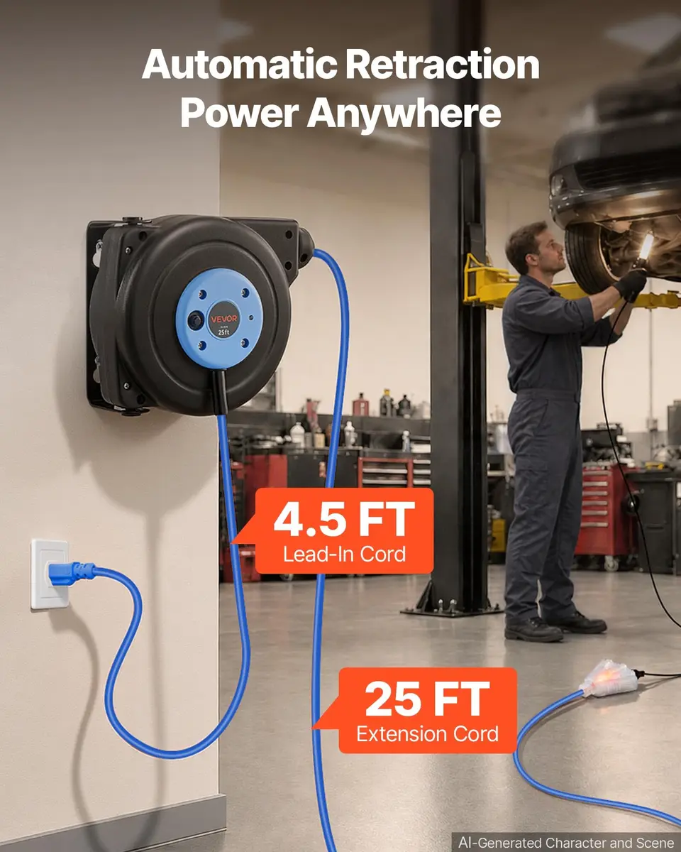VEVOR Retractable Extension Cord Reel 25FT Heavy Duty 14AWG/3C SJTOW Blue | Durable Wall Mount Power Reel with 25 ft Cord - view 2