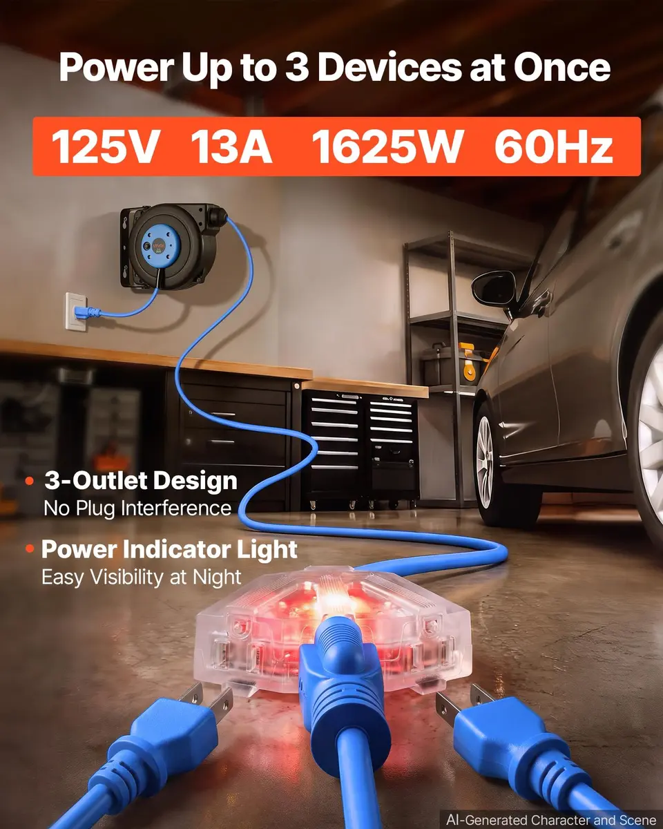VEVOR Retractable Extension Cord Reel 25FT Heavy Duty 14AWG/3C SJTOW Blue | Durable Wall Mount Power Reel with 25 ft Cord - view 3