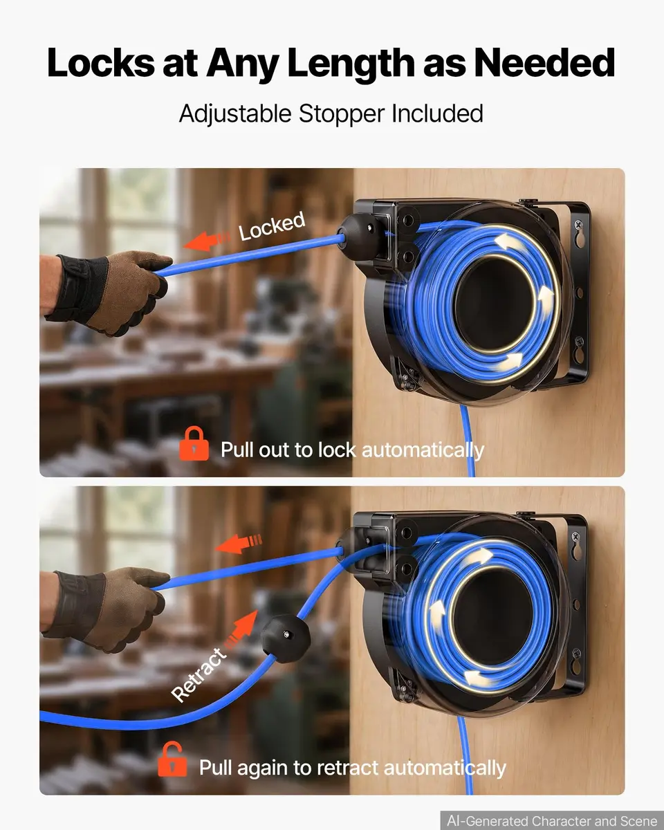 VEVOR Retractable Extension Cord Reel 25FT Heavy Duty 14AWG/3C SJTOW Blue | Durable Wall Mount Power Reel with 25 ft Cord - view 4