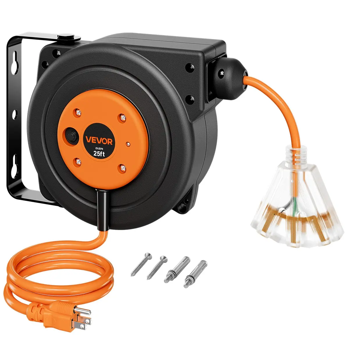 VEVOR Retractable Extension Cord Reel 25FT (7.6m) Heavy Duty 14AWG/3C SJTOW Orange | Mountable Power Outlet with Triple Tap - main product image