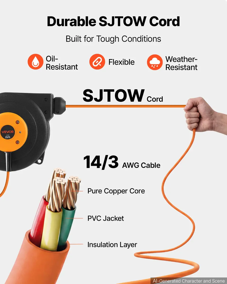 VEVOR Retractable Extension Cord Reel 25FT (7.6m) Heavy Duty 14AWG/3C SJTOW Orange | Mountable Power Outlet with Triple Tap - view 5