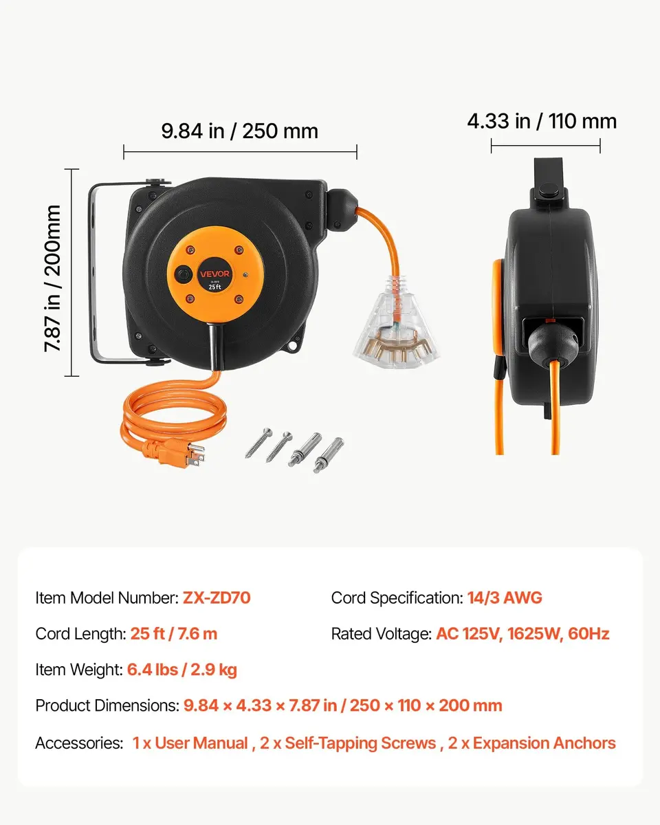 VEVOR Retractable Extension Cord Reel 25FT (7.6m) Heavy Duty 14AWG/3C SJTOW Orange | Mountable Power Outlet with Triple Tap - view 7