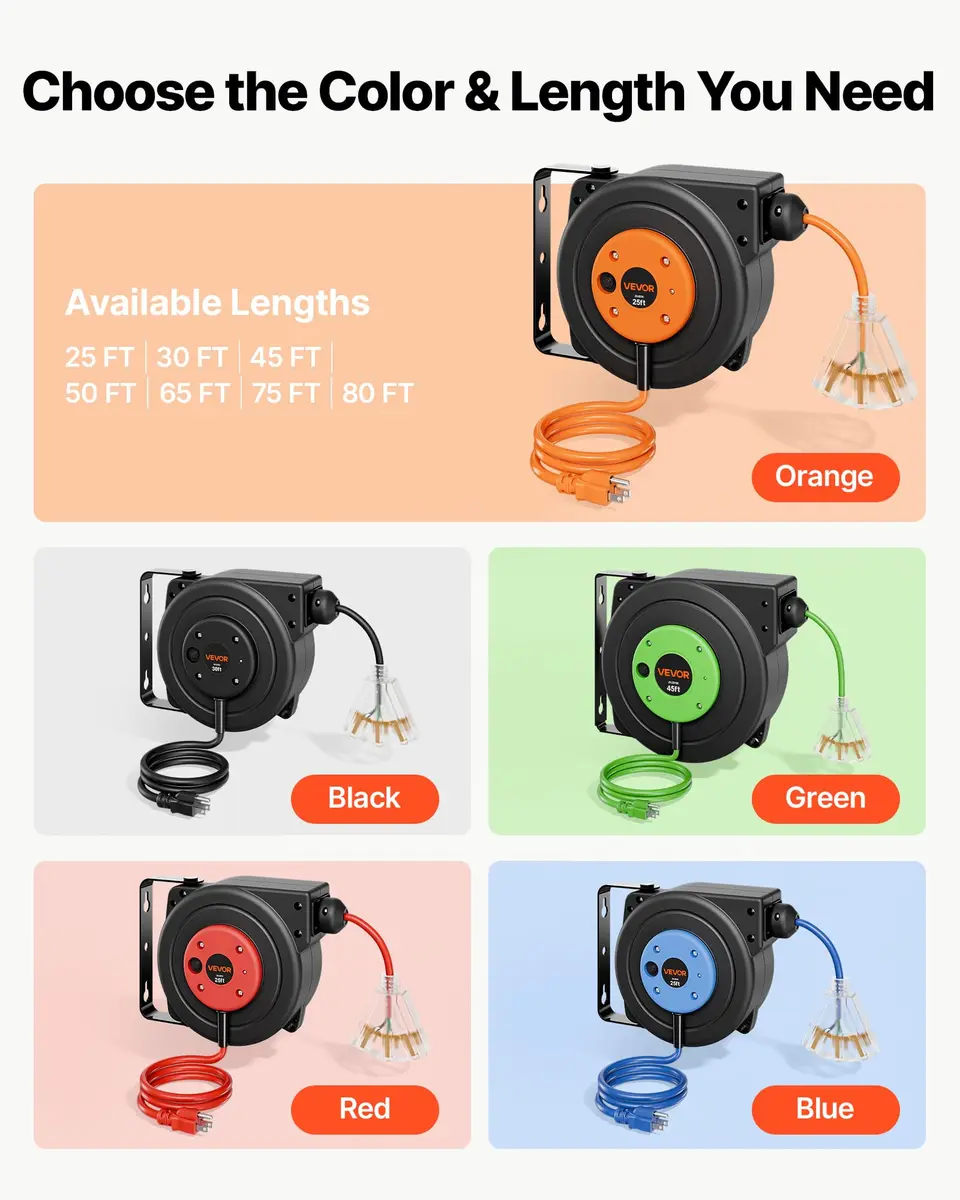 VEVOR Retractable Extension Cord Reel 25FT (7.6m) Heavy Duty 14AWG/3C SJTOW Orange | Mountable Power Outlet with Triple Tap - view 8
