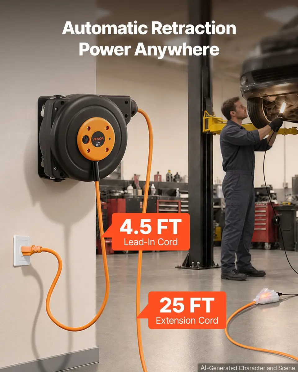 VEVOR Retractable Extension Cord Reel 25FT (7.6m) Heavy Duty 14AWG/3C SJTOW Orange | Mountable Power Outlet with Triple Tap - view 2