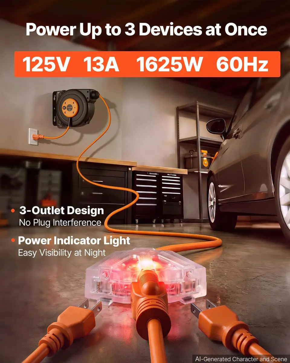 VEVOR Retractable Extension Cord Reel 25FT (7.6m) Heavy Duty 14AWG/3C SJTOW Orange | Mountable Power Outlet with Triple Tap - view 3