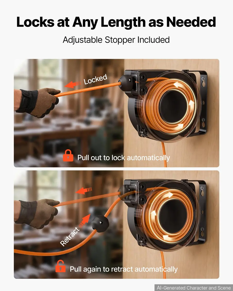 VEVOR Retractable Extension Cord Reel 25FT (7.6m) Heavy Duty 14AWG/3C SJTOW Orange | Mountable Power Outlet with Triple Tap - view 4