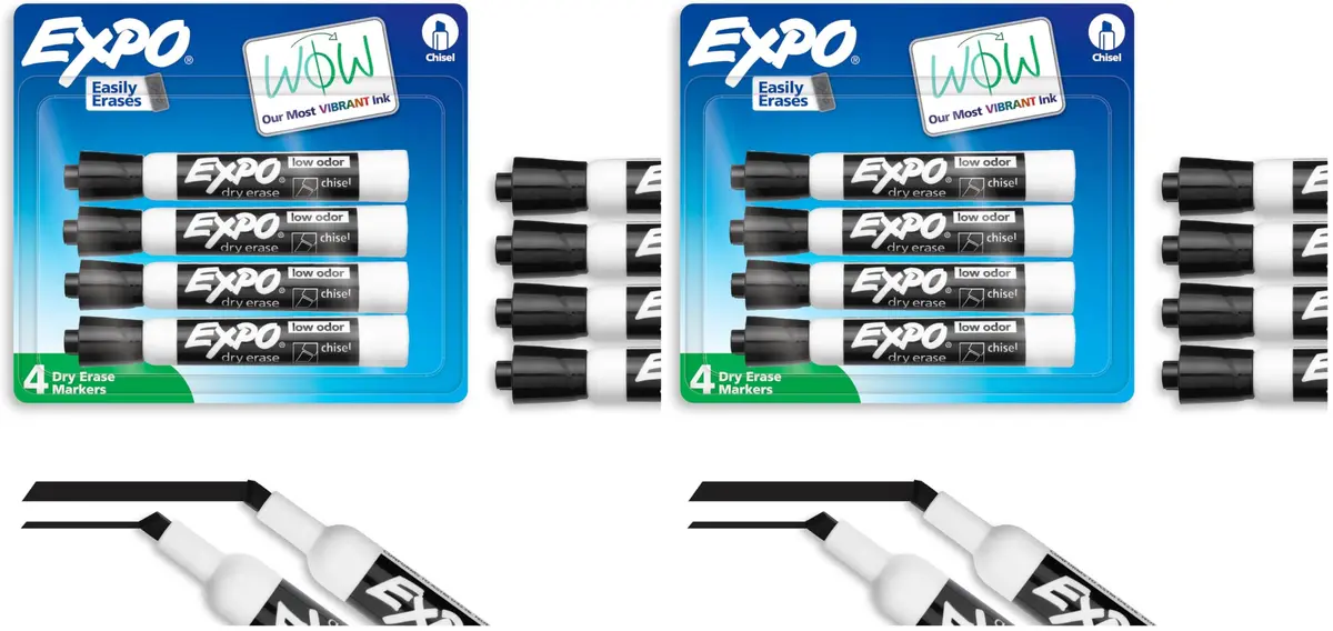 EXPO Dry Erase Markers Black Chisel Tip 4 Count | Vibrant, Low Odor for Whiteboards & Surfaces - main product image