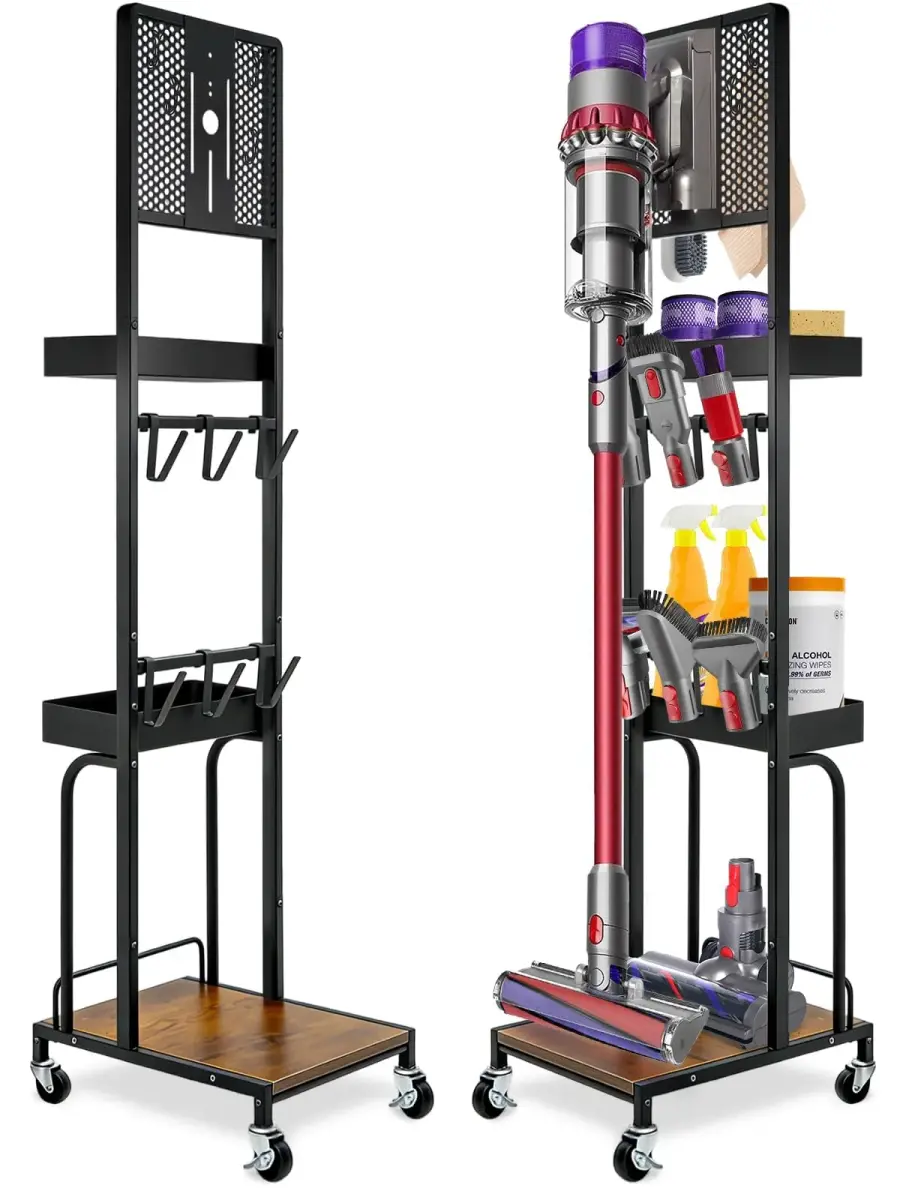 Haturi Freestanding Vacuum Stand for Dyson V16 Gen5 V15 V12 V11 V10 V8 V7 Cordless Cleaners | Black Metal with Wheels & Storage Baskets (55.11 inch Height) - main product image