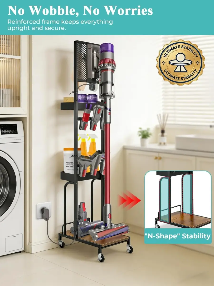 Haturi Freestanding Vacuum Stand for Dyson V16 Gen5 V15 V12 V11 V10 V8 V7 Cordless Cleaners | Black Metal with Wheels & Storage Baskets (55.11 inch Height) - view 7