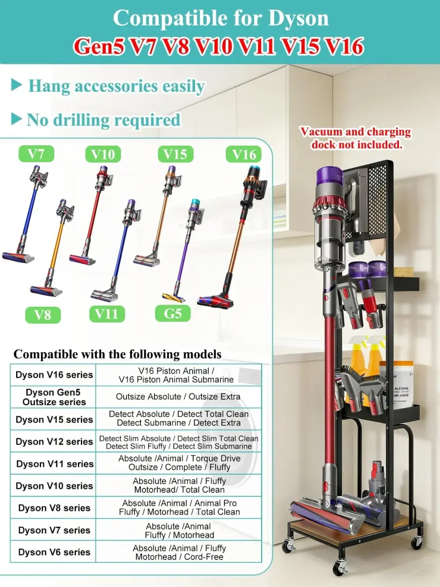 Haturi Freestanding Vacuum Stand for Dyson V16 Gen5 V15 V12 V11 V10 V8 V7 Cordless Cleaners | Black Metal with Wheels & Storage Baskets (55.11 inch Height) - view 2