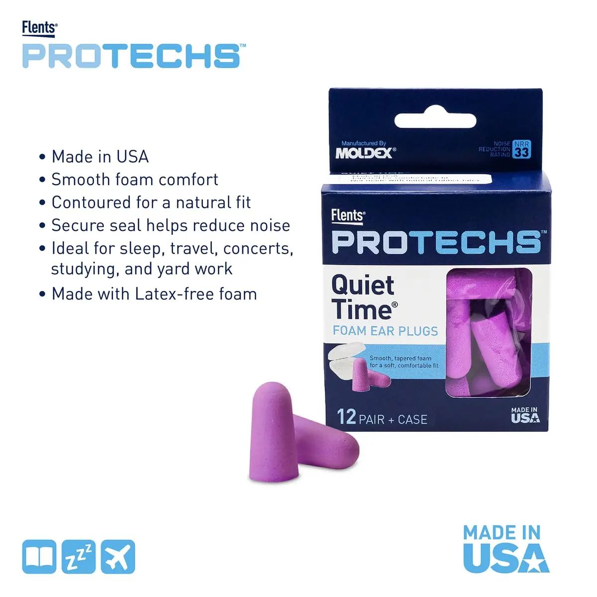 Flents Protechs Quiet Time Foam Ear Plugs NRR 33 12 Pair Purple | Noise Reduction for Sleep, Travel, Study - view 3