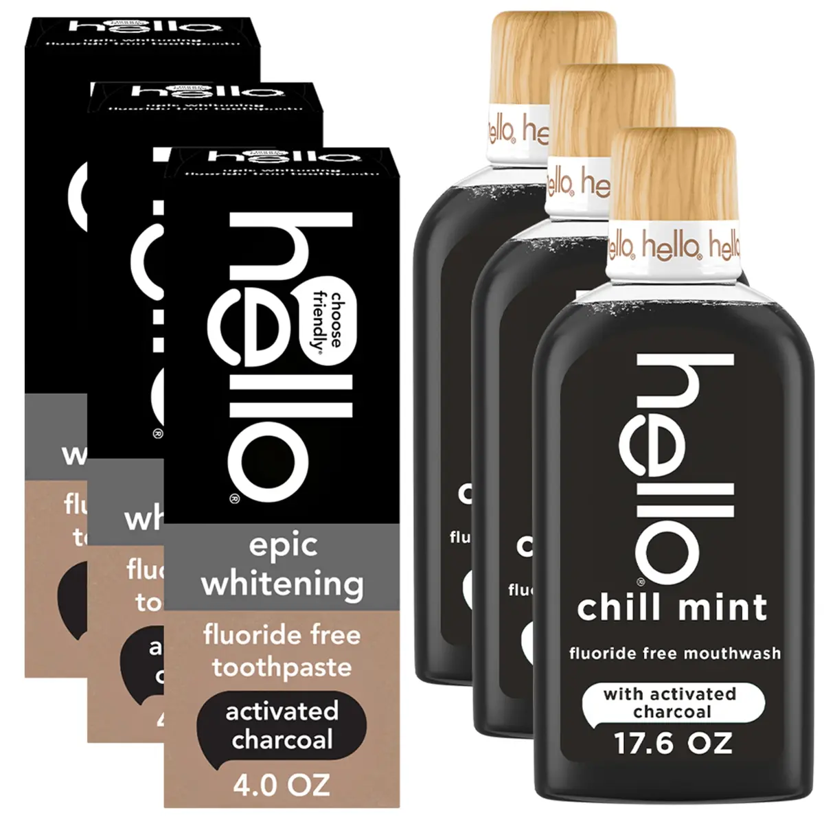 hello Epic Whitening Activated Charcoal Toothpaste & Chill Mint Mouthwash Bundle | 4 oz Toothpaste (3pk) & 17.6 Fl Oz Mouthwash (3pk) - main product image