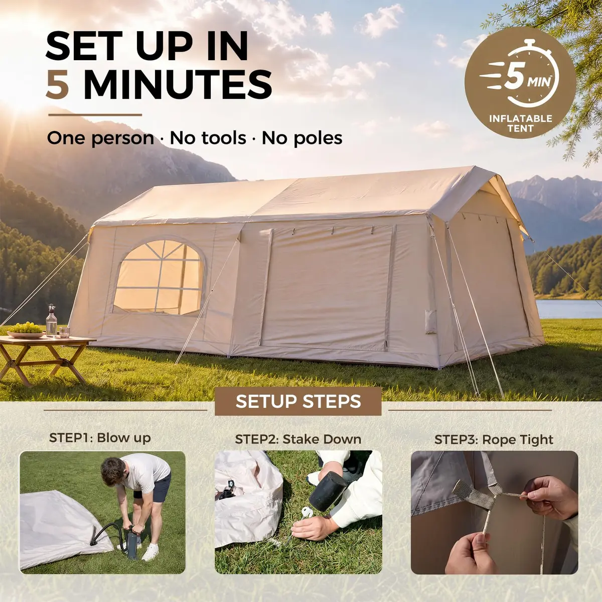 FICISOG Inflatable Tent 8-10 Person | Large Family Camping Shelter with Stove Jack - view 2