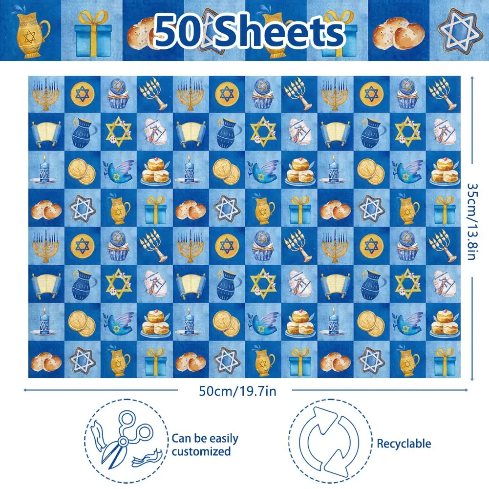 Boerni Hanukkah Tissue Paper with Blue Gold Menorahs 50 Sheets | Festive Gift Wrapping & Crafts - view 2
