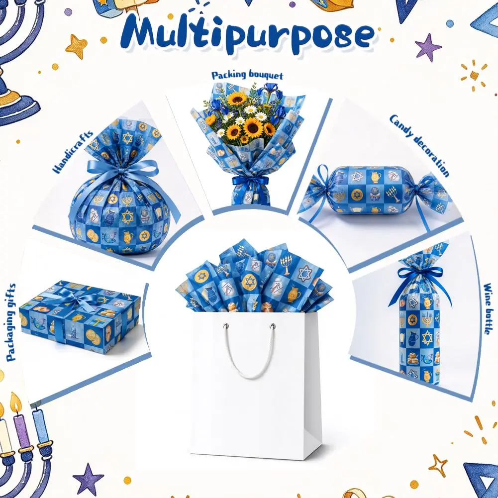 Boerni Hanukkah Tissue Paper with Blue Gold Menorahs 50 Sheets | Festive Gift Wrapping & Crafts - view 3
