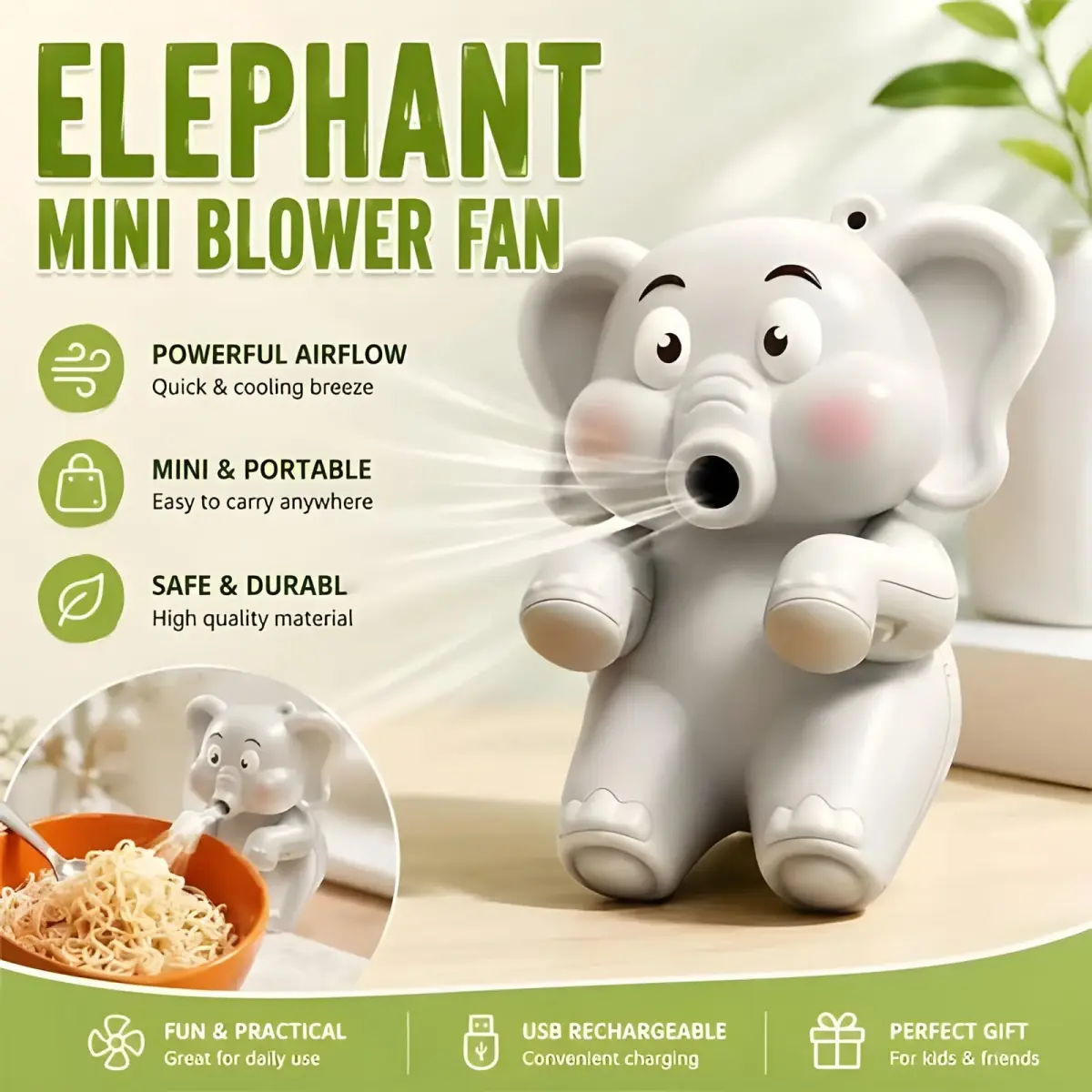 SEPSUMMER Mini Food Cooling Fan Portable Elephant Clip-on USB Rechargeable for Hot Meals 9 cm (3.54 in) - view 4