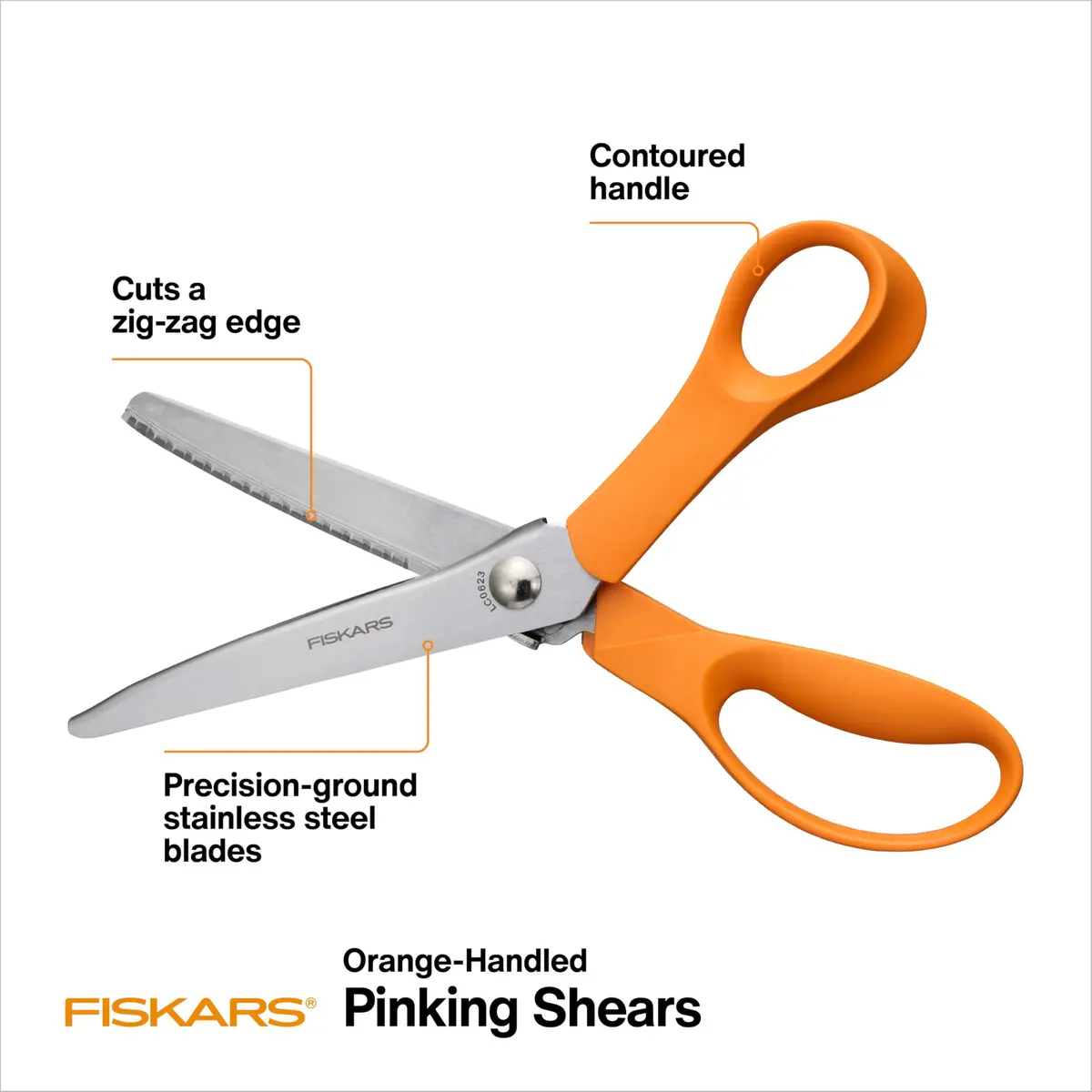 Fiskars 8" Orange-Handled Pinking Shears for Fabric Cutting & Sewing | Zigzag Edge, Stainless Steel Blades, Ergonomic Handle - view 2