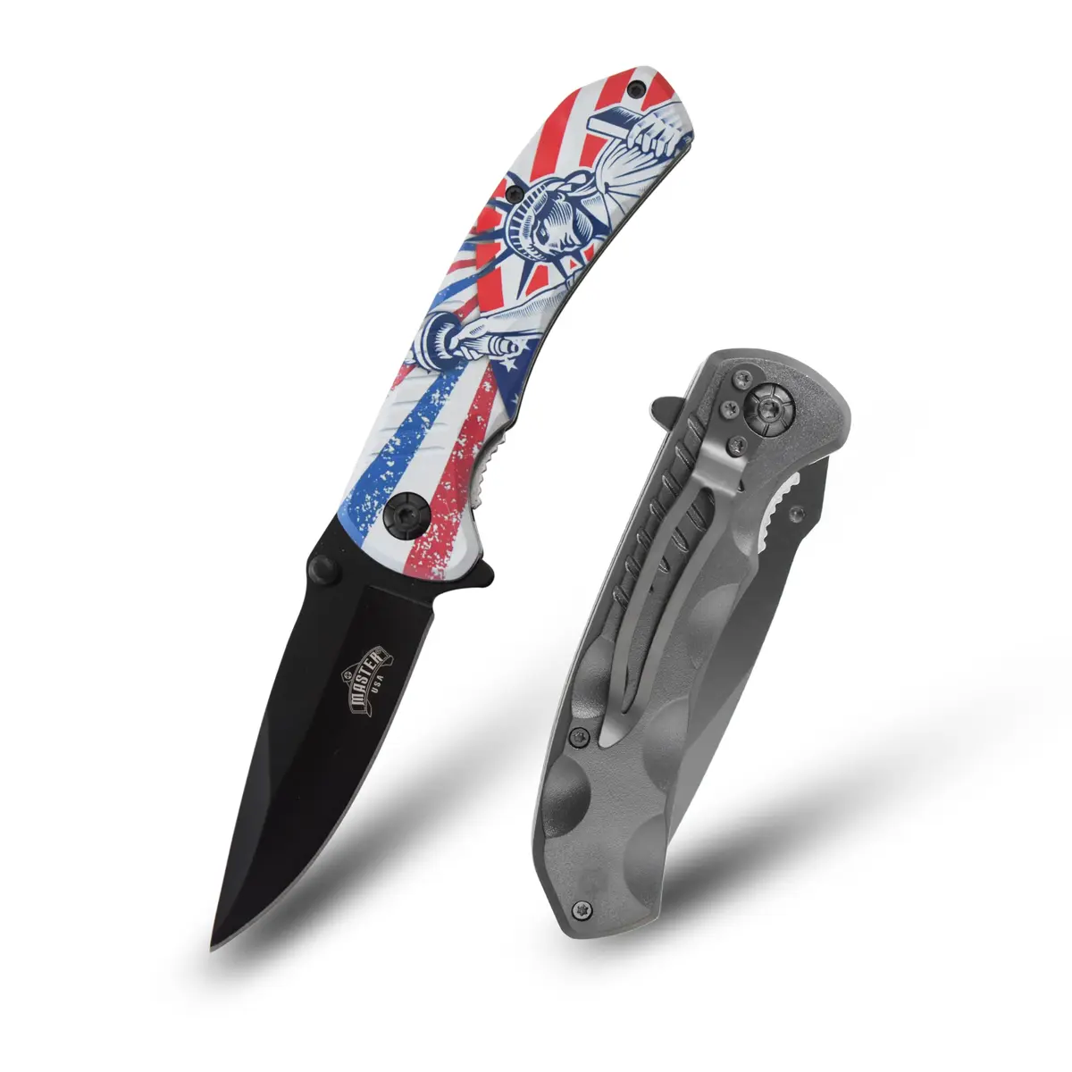 MASTER USA 7.75" Folding Pocket Knife, Statue of Liberty Handle, 3.25" Black 3CR13 Blade | Compact Outdoor Utility - main product image