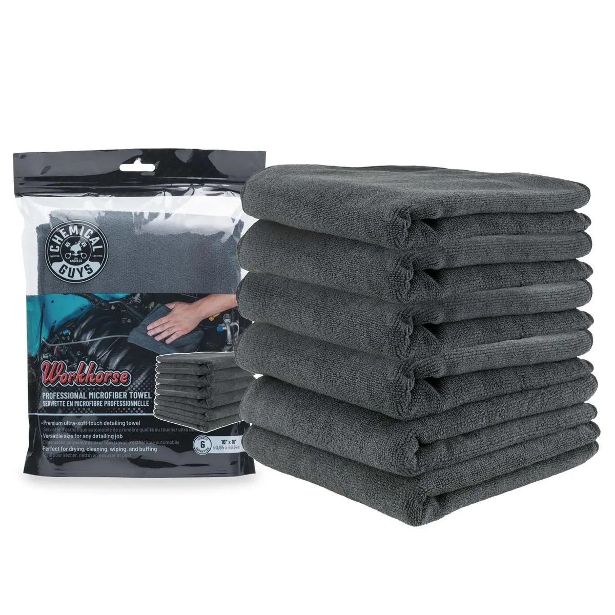 Chemical Guys MIC35306 Workhorse Microfiber Towel 16 in. x 16 in. Pack of 8 | Professional Grade, Lint-Free, Scratch-Free - main product image