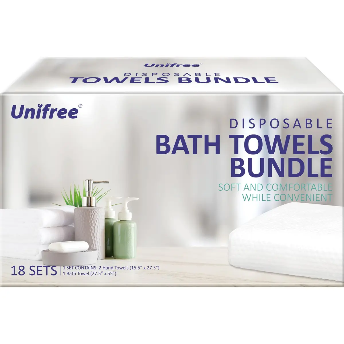 UNIFREE Disposable Towels Bundle, 1 Bath & 2 Hand Towels, 18 Sets | 27.5"x55" | Ultra-Soft & Absorbent - main product image