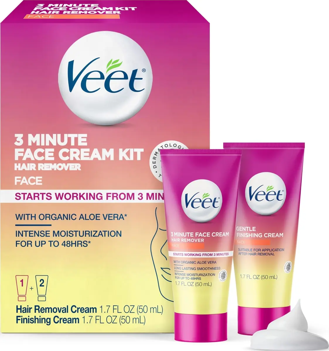 Veet 3 Minute Facial Hair Removal Cream for Women | Organic Aloe Vera, 2 Piece Kit, 3.4 Fl Oz (Pack of 6) - main product image
