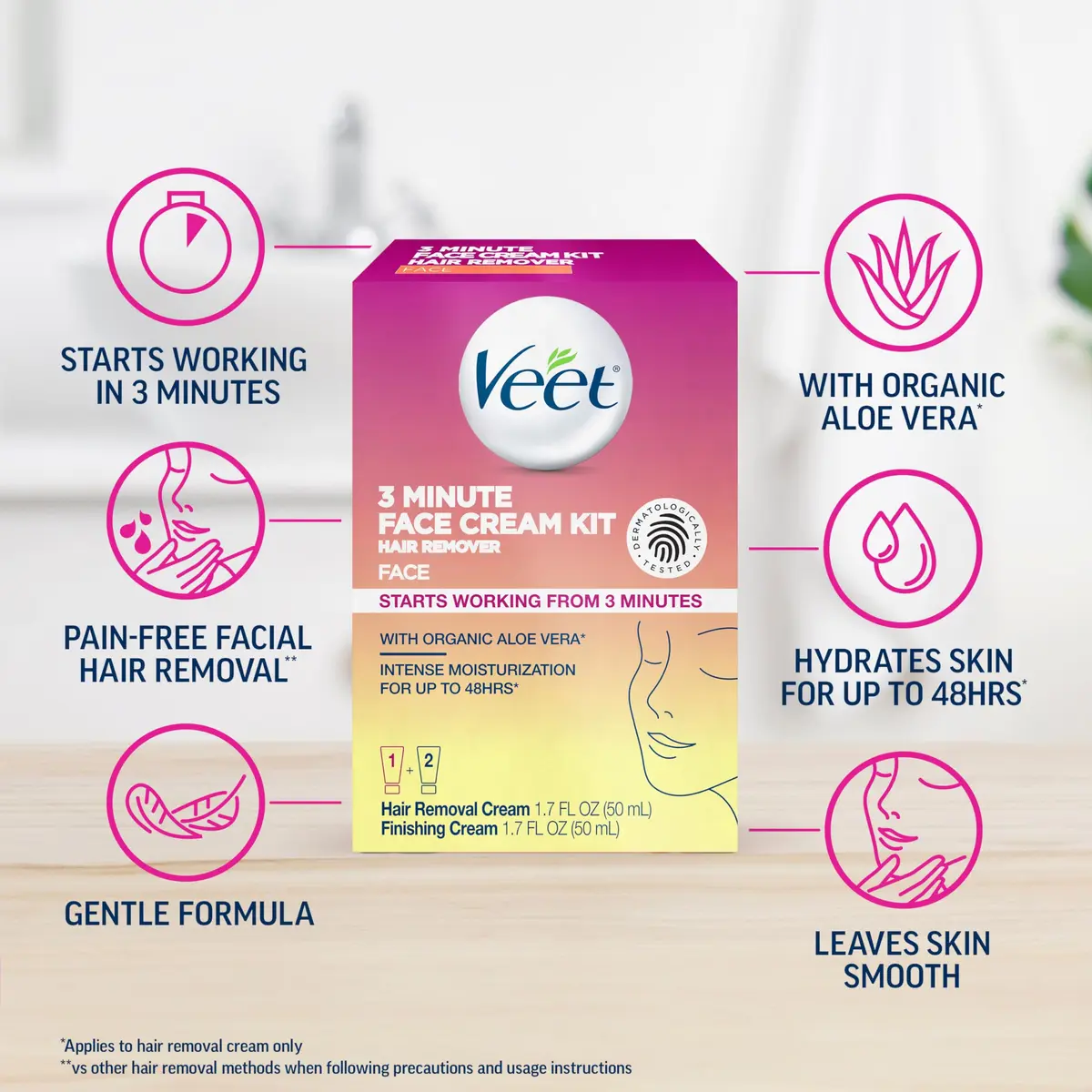Veet 3 Minute Facial Hair Removal Cream for Women | Organic Aloe Vera, 2 Piece Kit, 3.4 Fl Oz (Pack of 6) - view 3