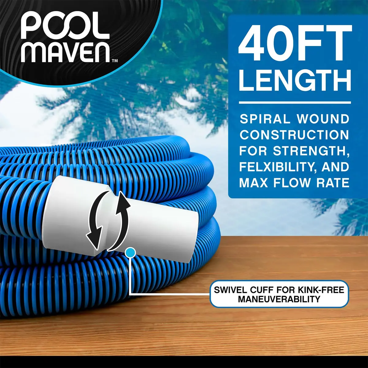 Poolmaven Manual Pool Vacuum Hose 40 ft | Made in USA, 1-1/2 in. Diameter, Flexible EVA, Dependable for Manual Pool Cleaning - view 2