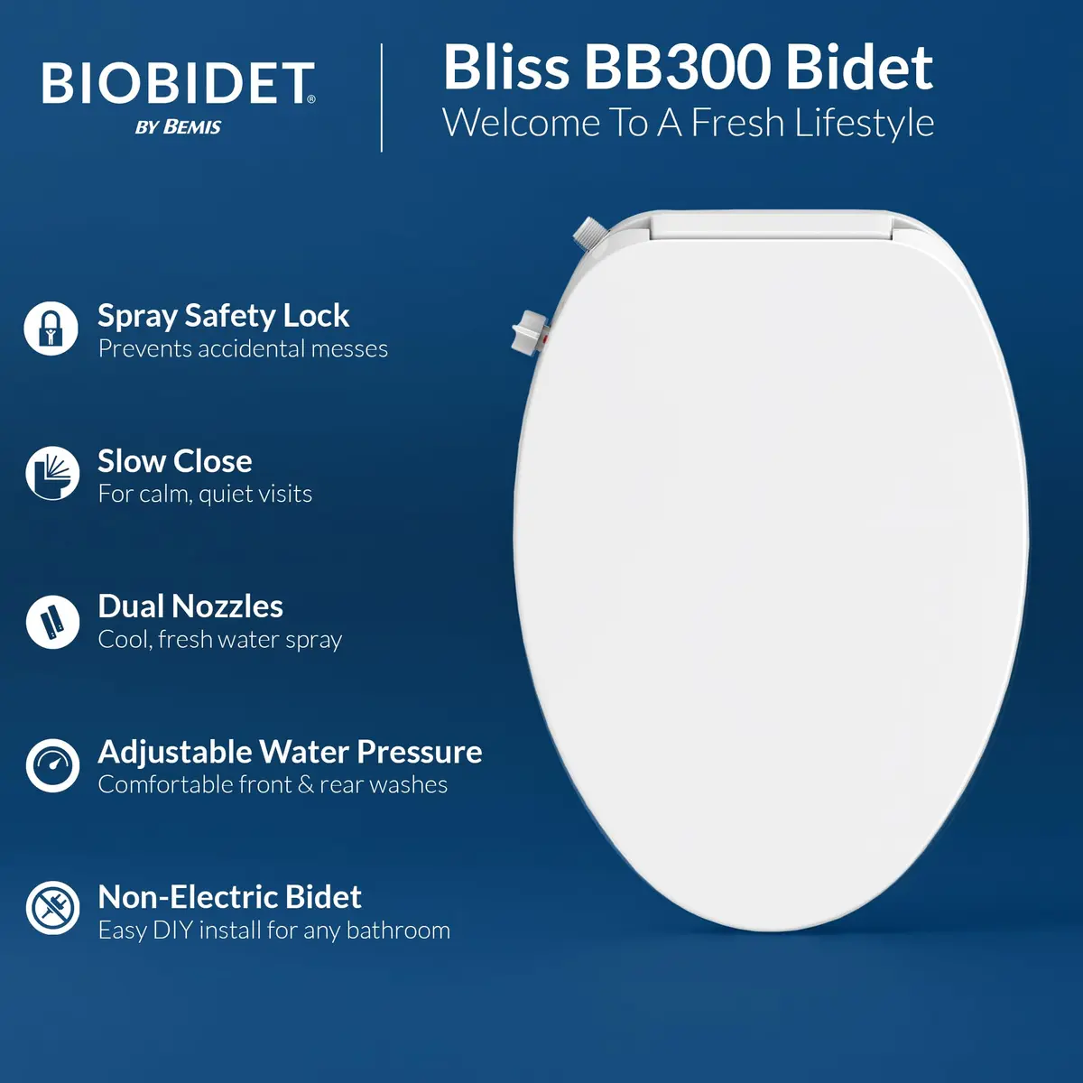 Bio Bidet BB300 Non-Electric Bidet Toilet Seat Elongated | Child Safety Lock, No Outlet Needed, Dual Nozzles, Easy DIY - view 4