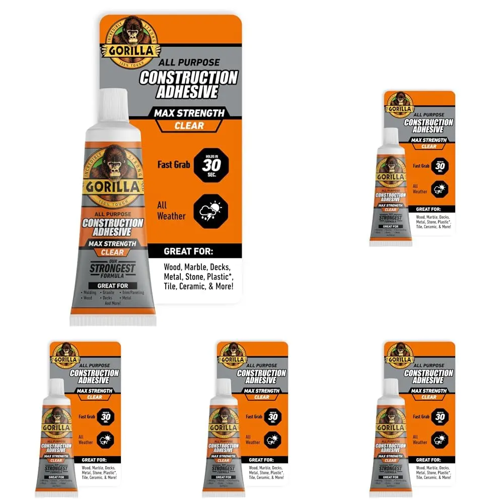 Gorilla Max Strength Clear Construction Adhesive 2.5 oz (74ml) Tubes, Pack of 5 | Strongest Formula, Waterproof, Gap-Filling - main product image