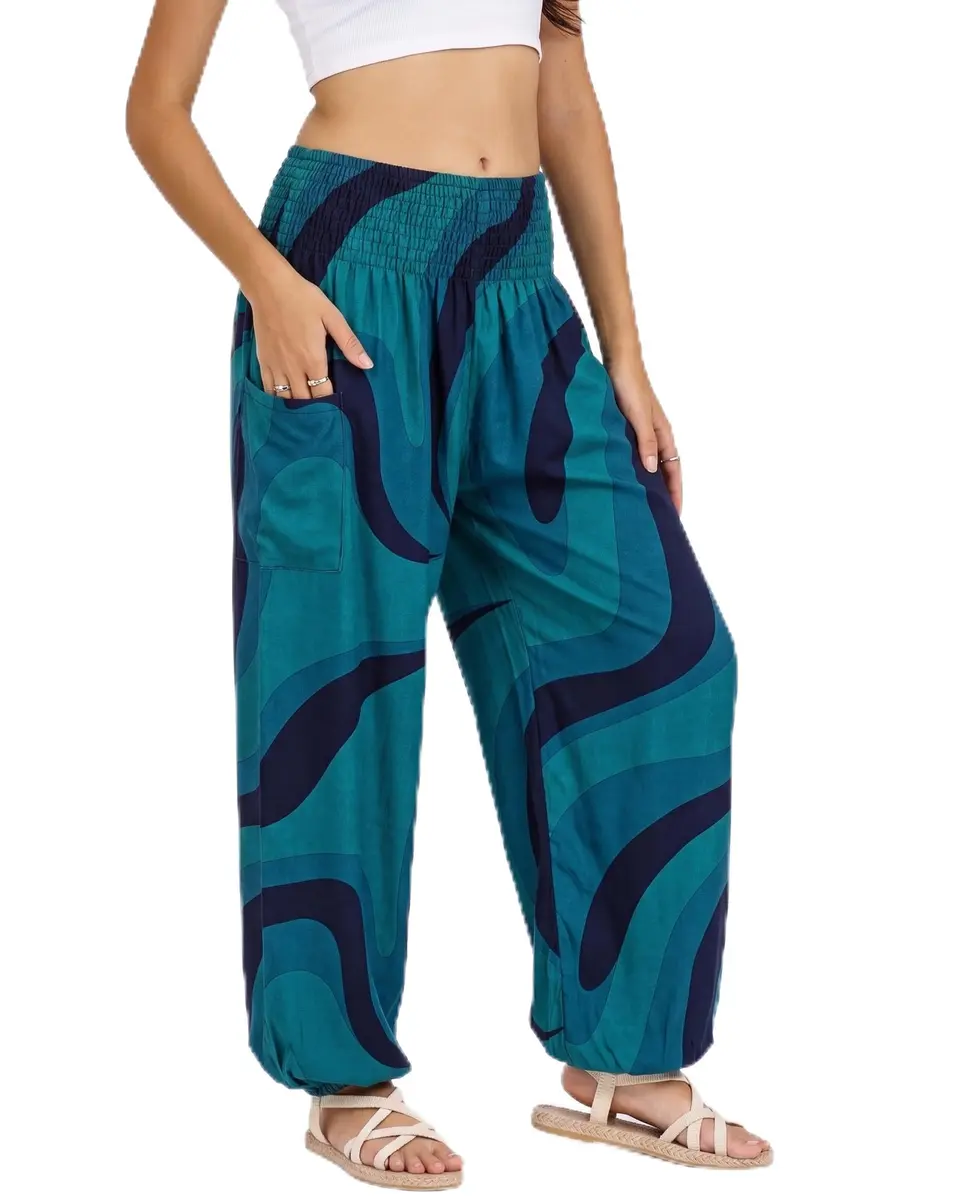 LOFBAZ Boho Harem Pants for Women Wave Green Large | Versatile, Lightweight & Comfortable - main product image
