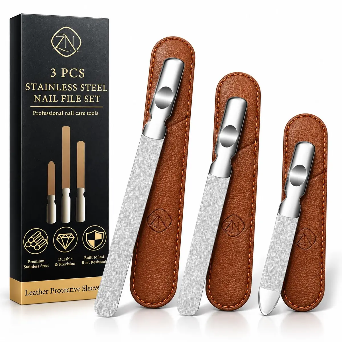 ZIZZON Metal Nail File Set | 3 Sizes, Double Sided, Individual Cases for Nail Care in India - main product image